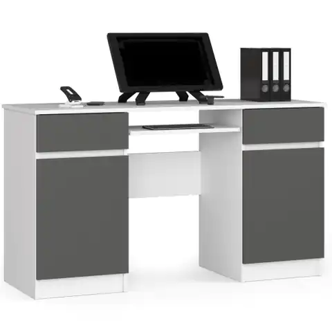 ⁨Computer desk A5 135 cm - white-graphite gray - 2 doors, 2 drawers⁩ at Wasserman.eu