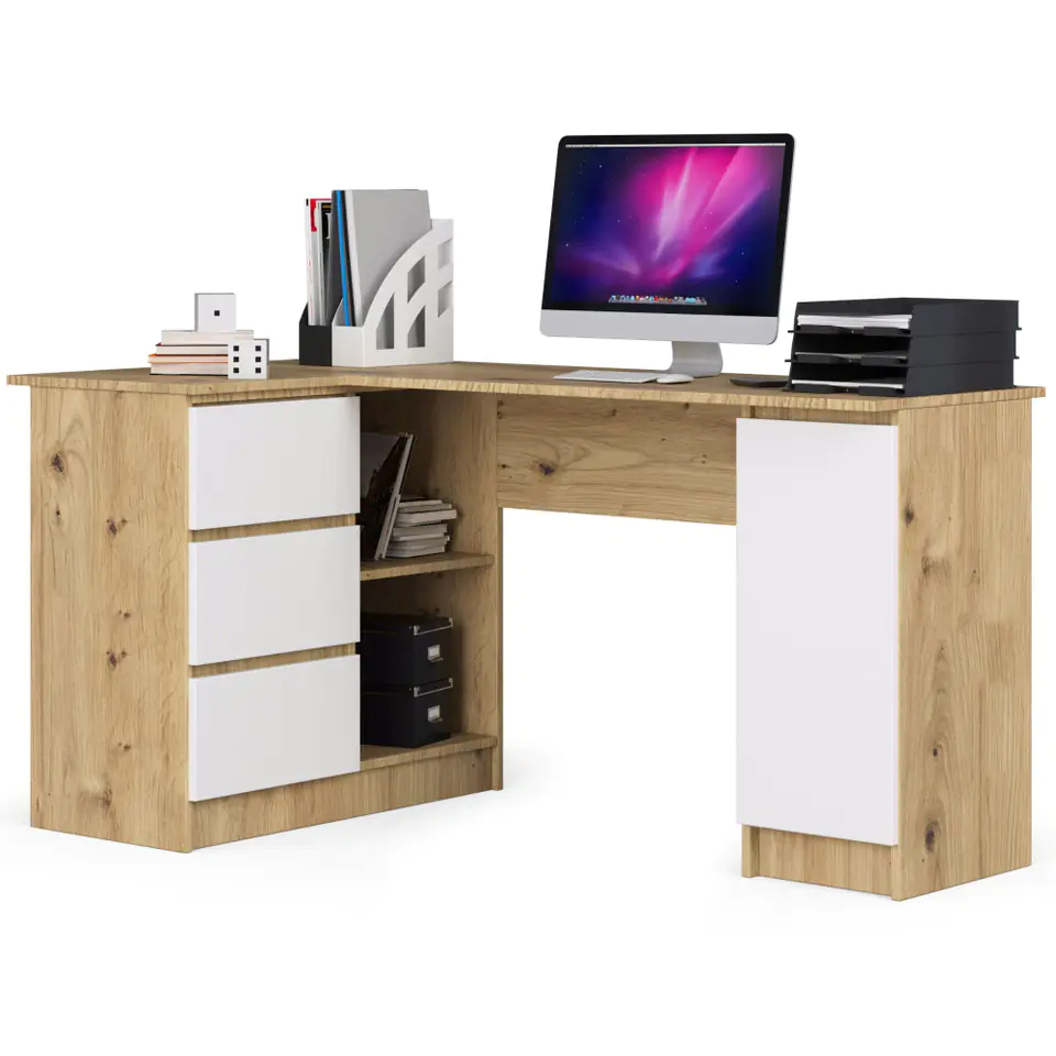 ⁨Corner desk B20 155 cm left - artisan oak-white - 3 drawers⁩ at Wasserman.eu