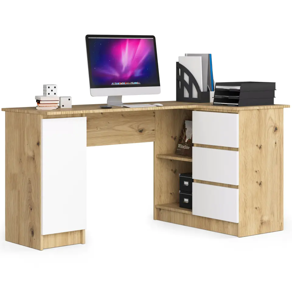 ⁨Corner desk B20 155 cm right - artisan oak-white - 3 drawers⁩ at Wasserman.eu