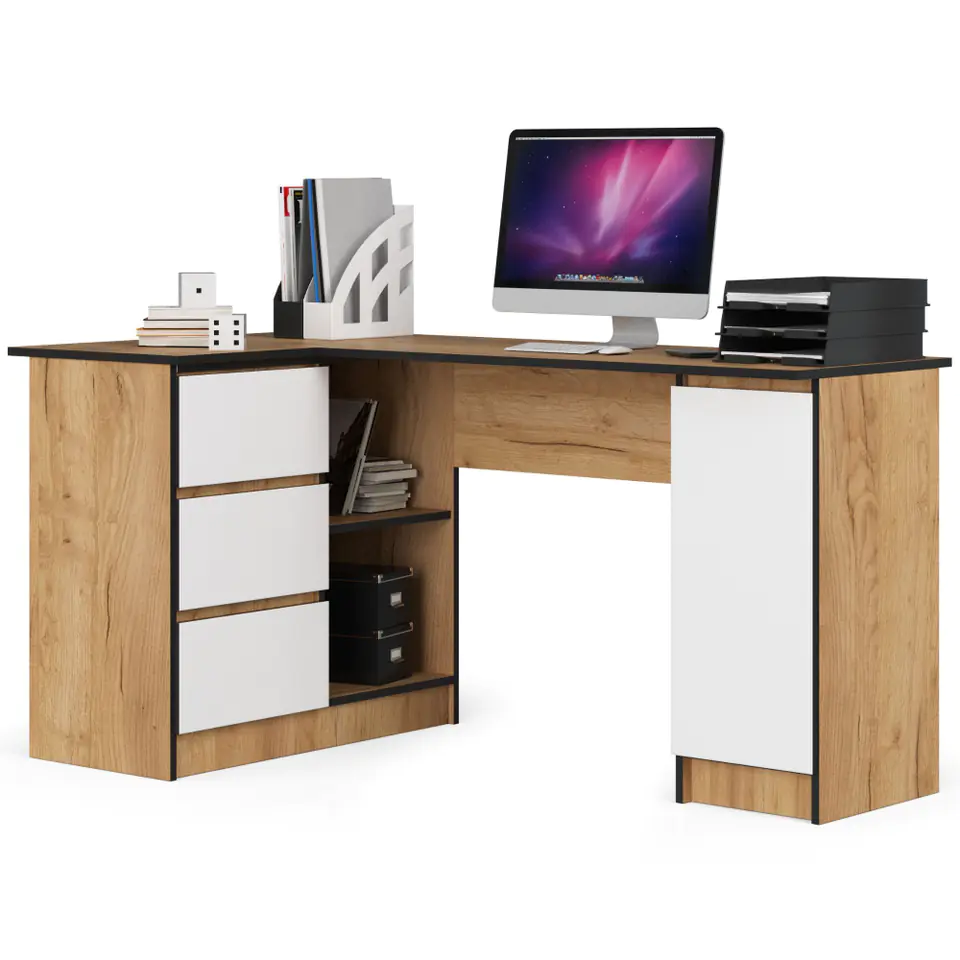 ⁨Corner desk B20 155 cm left - Craft Oak-white - 3 drawers⁩ at Wasserman.eu