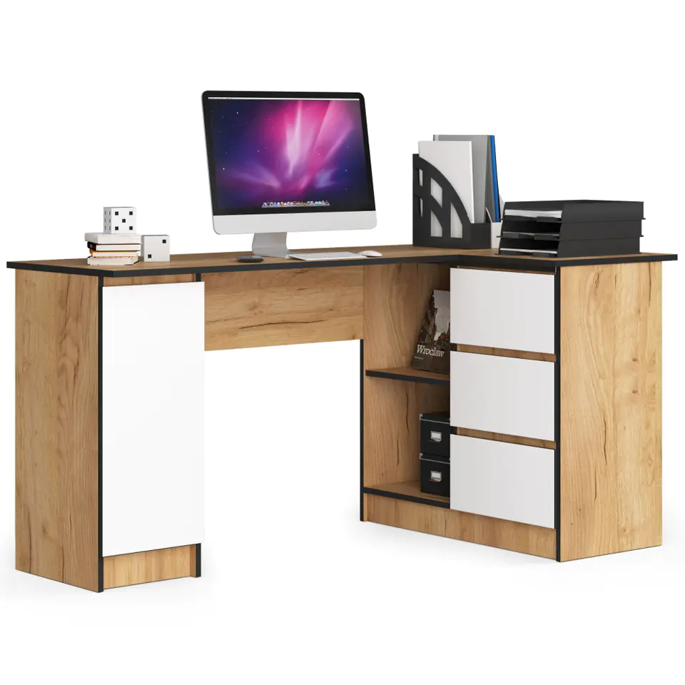 ⁨Corner desk B20 155 cm right - Craft Oak-White - 3 drawers⁩ at Wasserman.eu