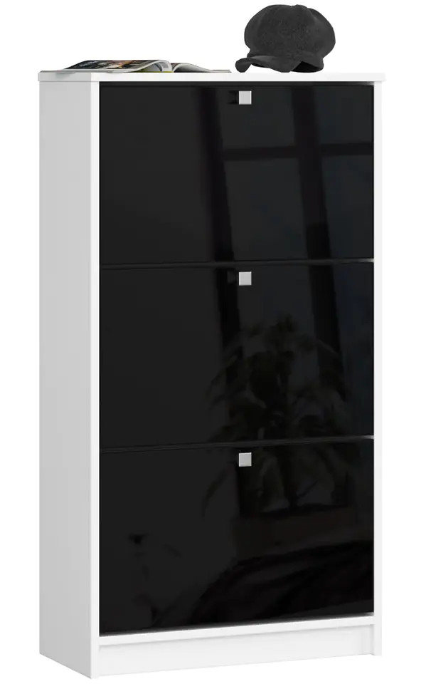 ⁨SHOE CABINET 3 HINGED DOORS 60 cm WHITE / GLOSS BLACK⁩ at Wasserman.eu