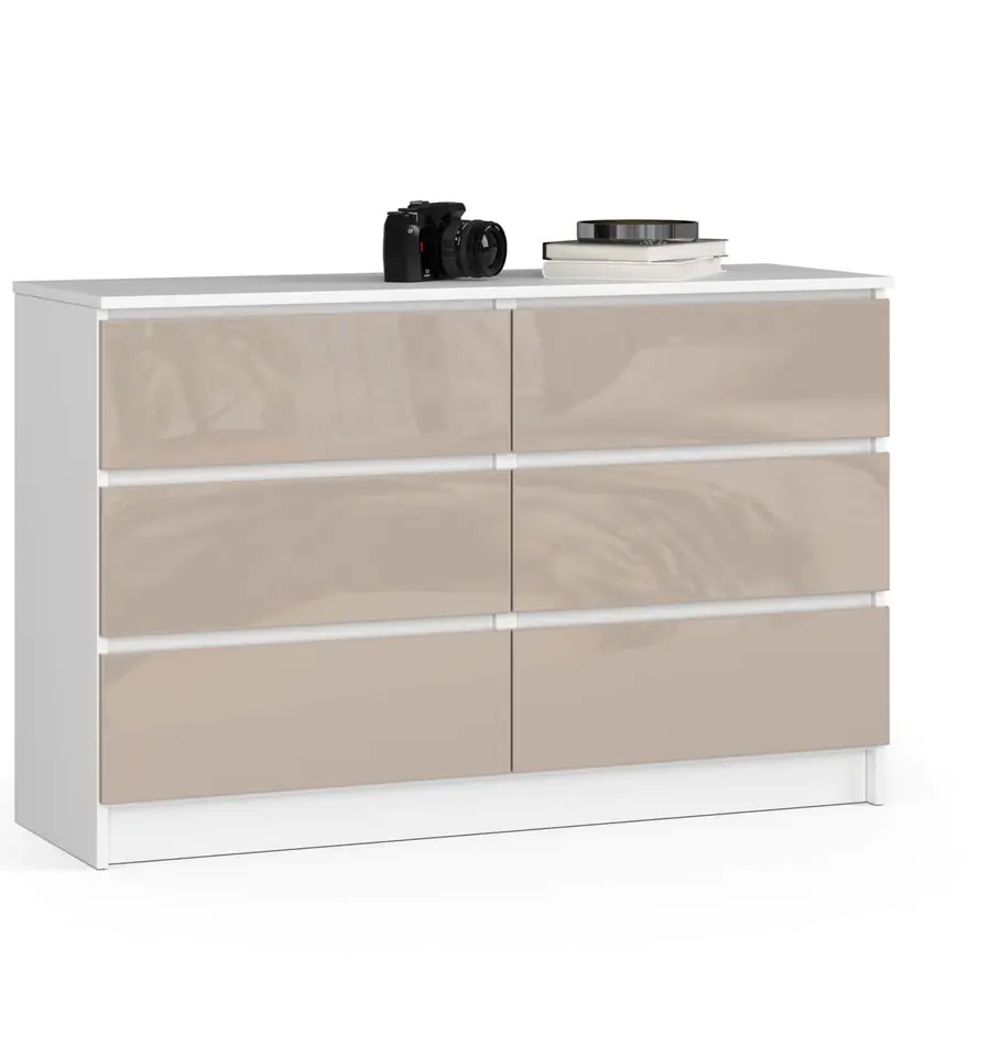 ⁨Living room chest of drawers K 120 cm 6 drawers - high-gloss cappuccino white⁩ at Wasserman.eu