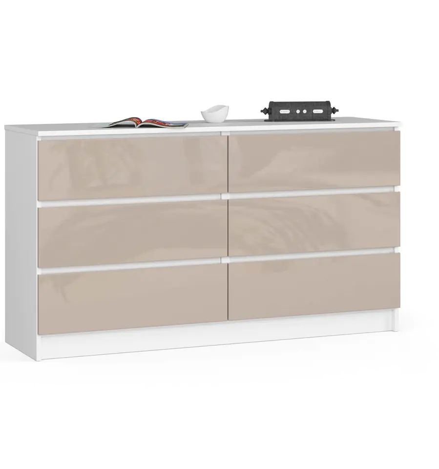 ⁨Living room chest of drawers K 140 cm 6 drawers - high-gloss white cappuccino⁩ at Wasserman.eu