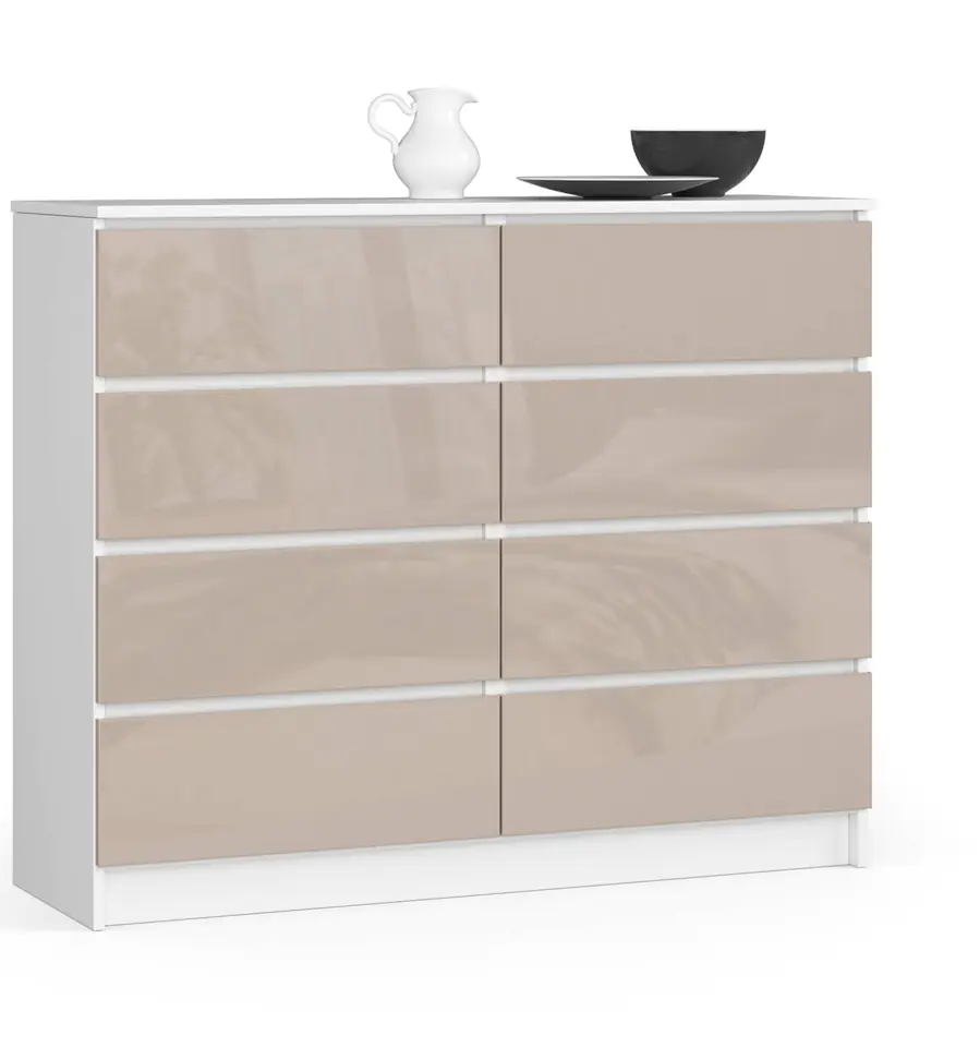 ⁨Living room chest of drawers K 120 cm 8 drawers - high-gloss cappuccino white⁩ at Wasserman.eu