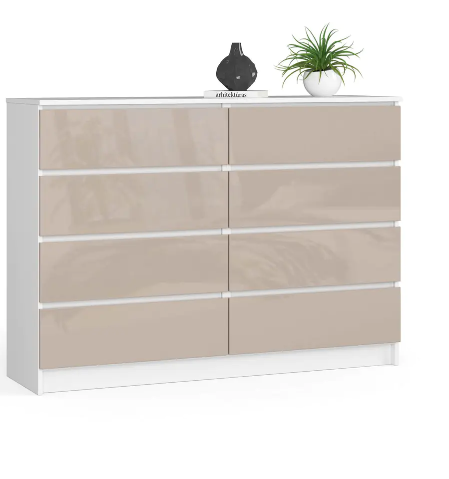 ⁨Living room chest of drawers K 140 cm 8 drawers - high-gloss white cappuccino⁩ at Wasserman.eu