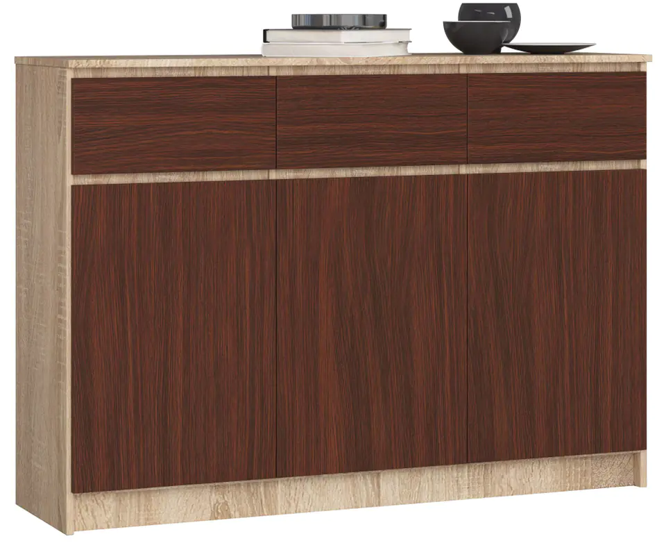 ⁨CHEST OF DRAWERS K 140 cm 3 DOORS 3 DRAWERS SONOMA / WENGE⁩ at Wasserman.eu