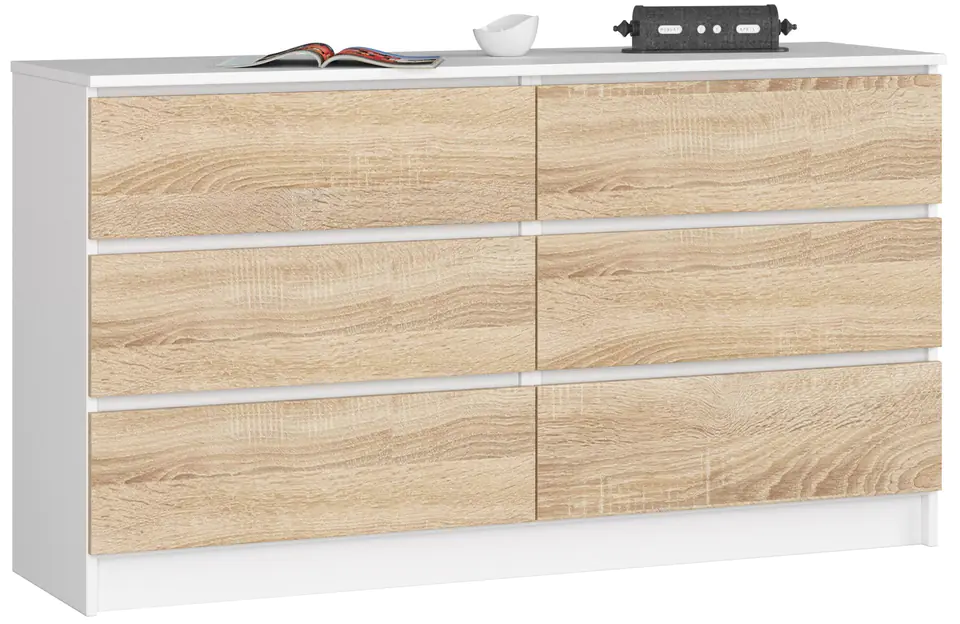 ⁨CHEST OF DRAWERS K 140 cm 6 DRAWERS WHITE / SONOMA⁩ at Wasserman.eu