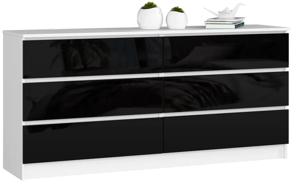 ⁨CHEST OF DRAWERS K 160 CM 6 DRAWERS WHITE / GLOSS BLACK⁩ at Wasserman.eu