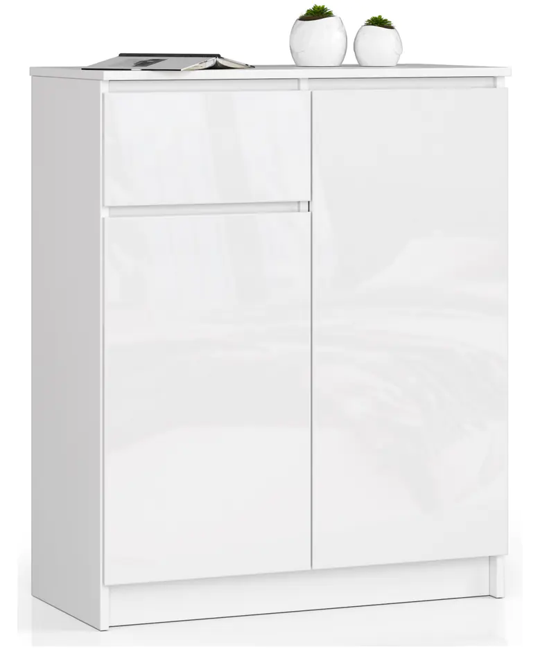 ⁨CHEST OF DRAWERS K 80 cm 2 DOORS 1 DRAWER WHITE / HIGH-GLOSS WHITE⁩ at Wasserman.eu