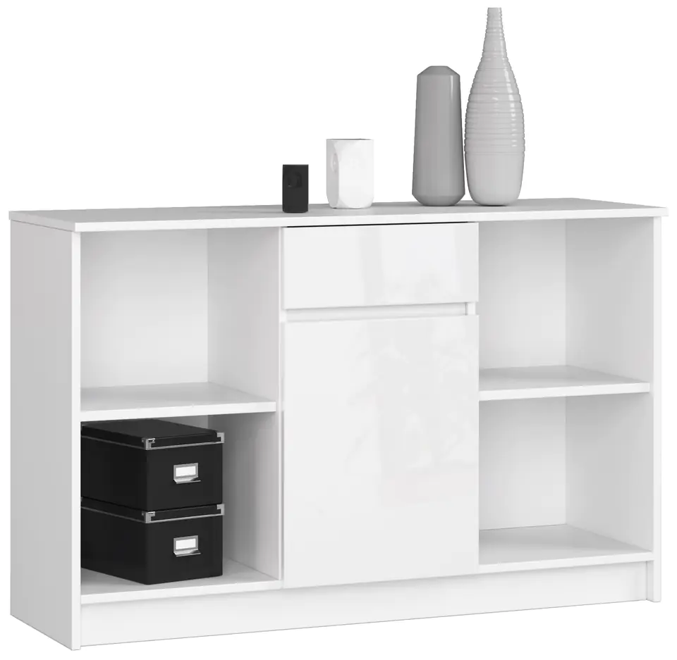 ⁨CHEST OF DRAWERS B-17 120 cm 1 DRAWER 1 DOOR WHITE / HIGH-GLOSS WHITE⁩ at Wasserman.eu