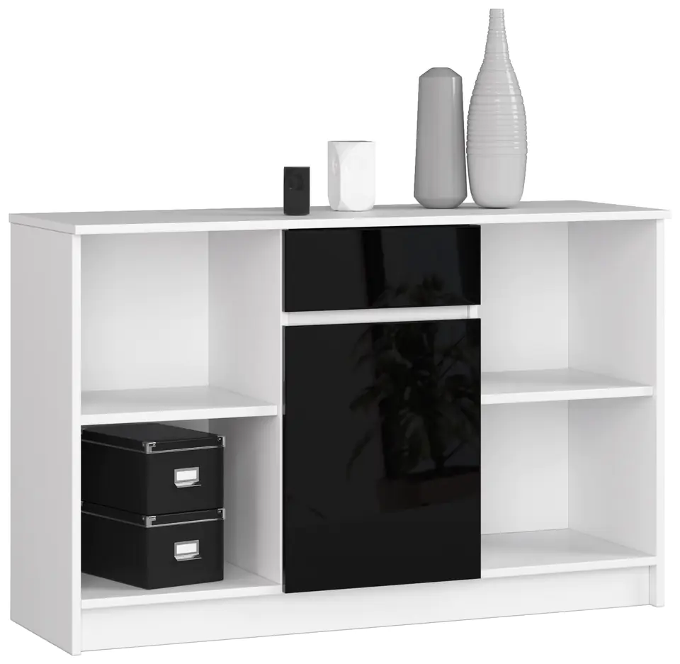 ⁨CHEST OF DRAWERS B-17 120 cm 1 DRAWER 1 DOOR WHITE / GLOSS BLACK⁩ at Wasserman.eu