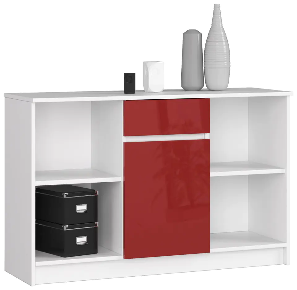 ⁨CHEST OF DRAWERS B-17 120 cm 1 DRAWER 1 DOOR WHITE / RED GLOSS⁩ at Wasserman.eu