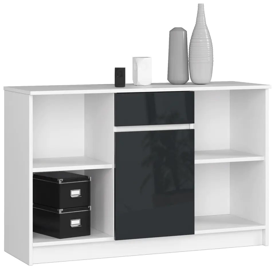 ⁨CHEST OF DRAWERS B-17 120 cm 1 DRAWER 1 DOOR WHITE / GLOSS GRAPHITE⁩ at Wasserman.eu