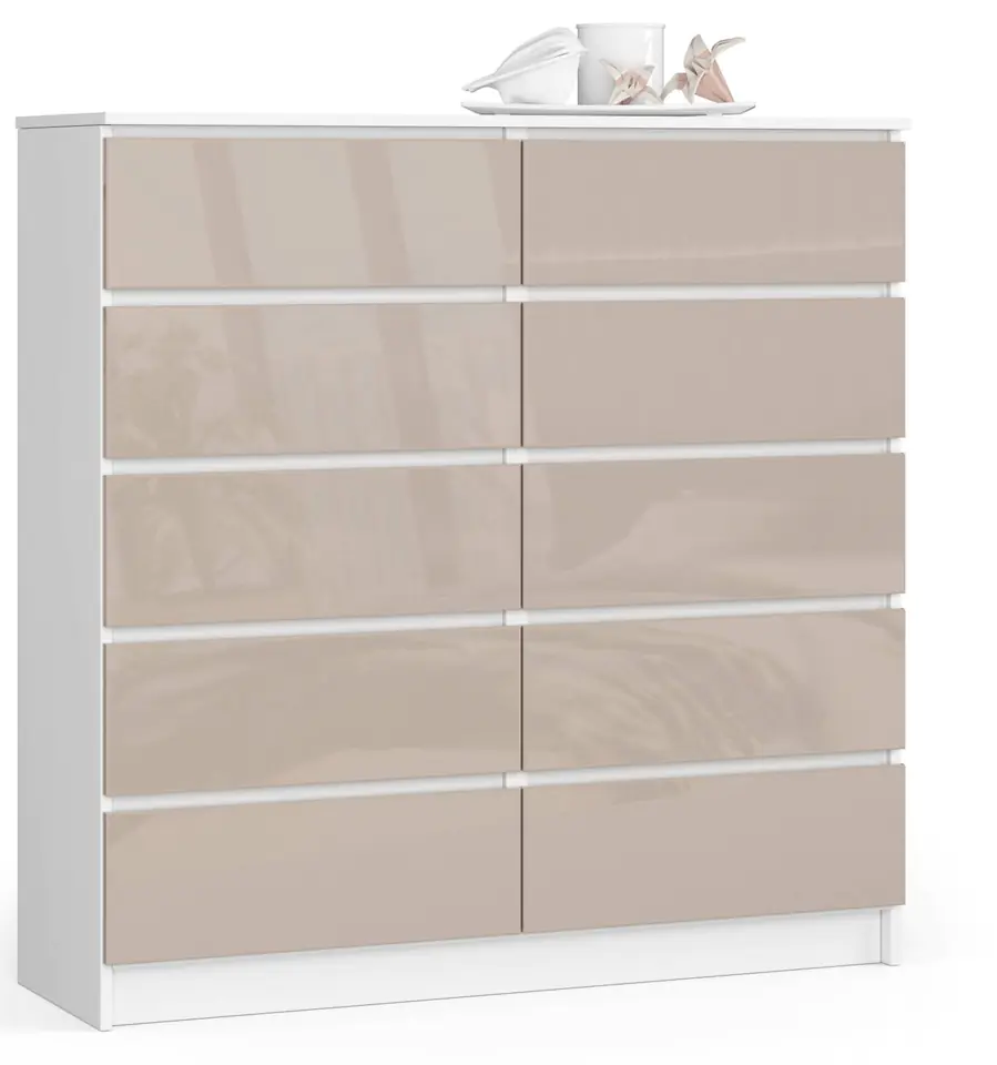 ⁨Living room chest of drawers K 120 cm 10 drawers - high-gloss cappuccino white⁩ at Wasserman.eu