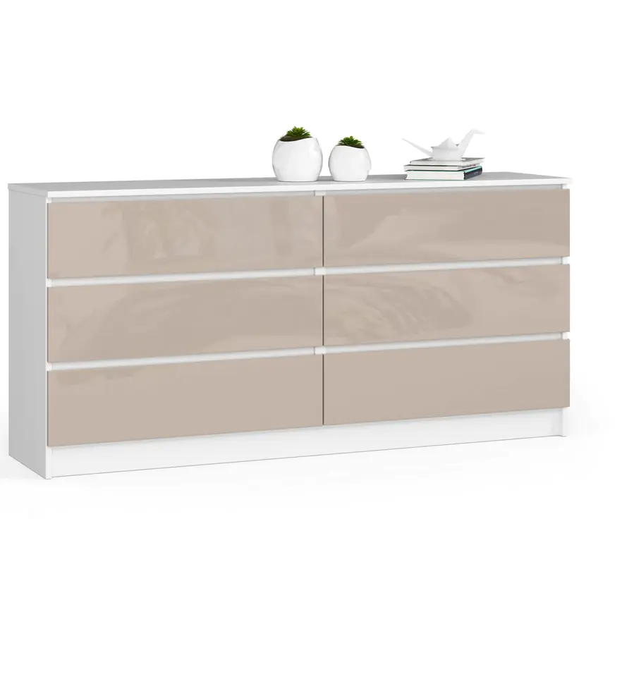 ⁨Living room chest of drawers K 160 cm 6 drawers - high-gloss white cappuccino⁩ at Wasserman.eu