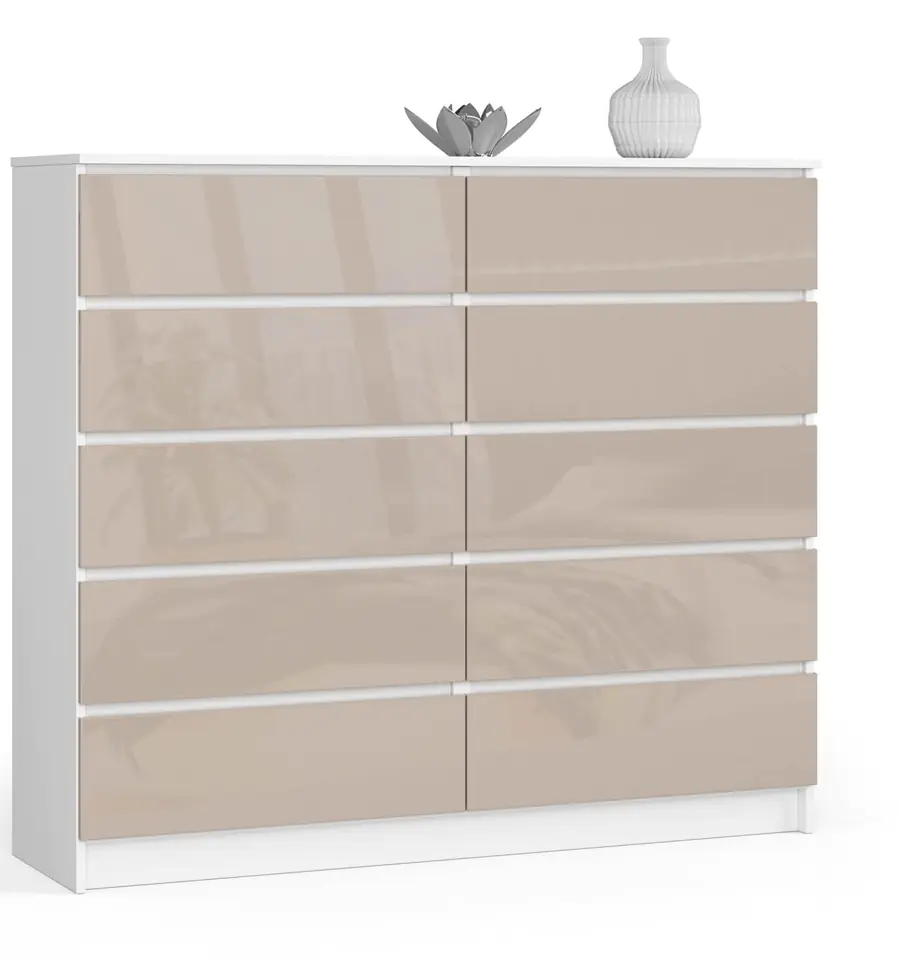 ⁨Living room chest of drawers K 140 cm 10 drawers - high-gloss white cappuccino⁩ at Wasserman.eu