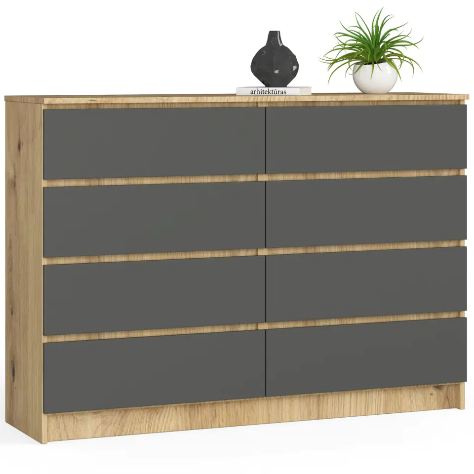 ⁨Living room chest of drawers K 140 cm 8 drawers - oak artisan-graphite gray⁩ at Wasserman.eu