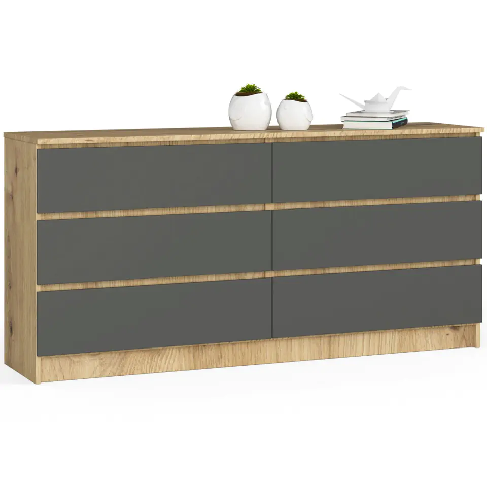 ⁨Living room chest of drawers K 160 cm 6 drawers - oak artisan-graphite gray⁩ at Wasserman.eu