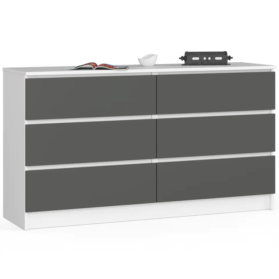 Komoda K 140 cm 6 szuflad - biała-grafit szary w sklepie Wasserman.eu