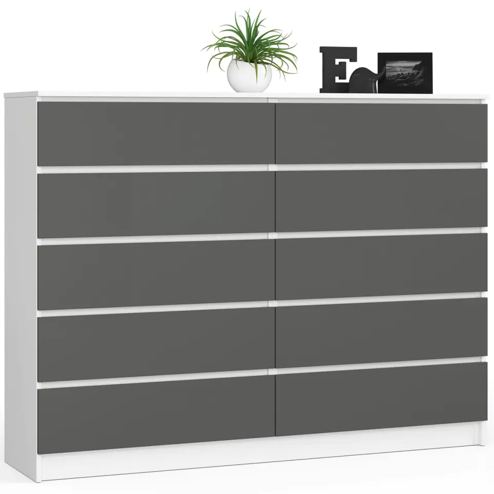 ⁨Living room chest of drawers K 160 cm 10 drawers - white-graphite gray⁩ at Wasserman.eu