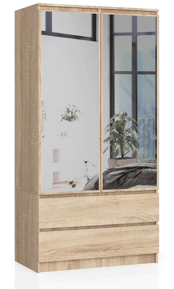 ⁨WARDROBE S 90 cm 2 DOORS 2 DRAWERS 2 MIRRORS SONOMA OAK⁩ at Wasserman.eu