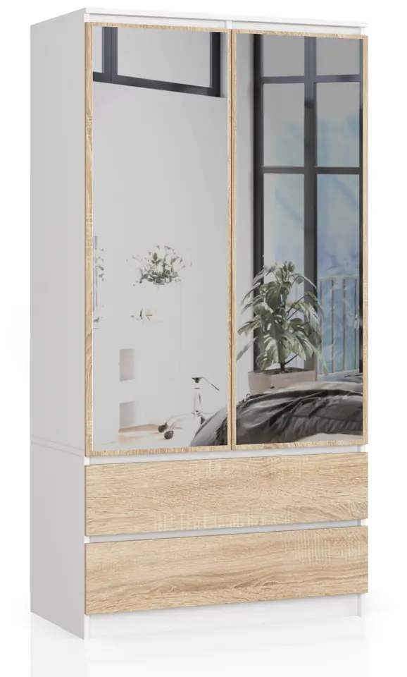 ⁨WARDROBE S 90 cm 2 DOORS 2 DRAWERS 2 MIRRORS WHITE / SONOMA⁩ at Wasserman.eu