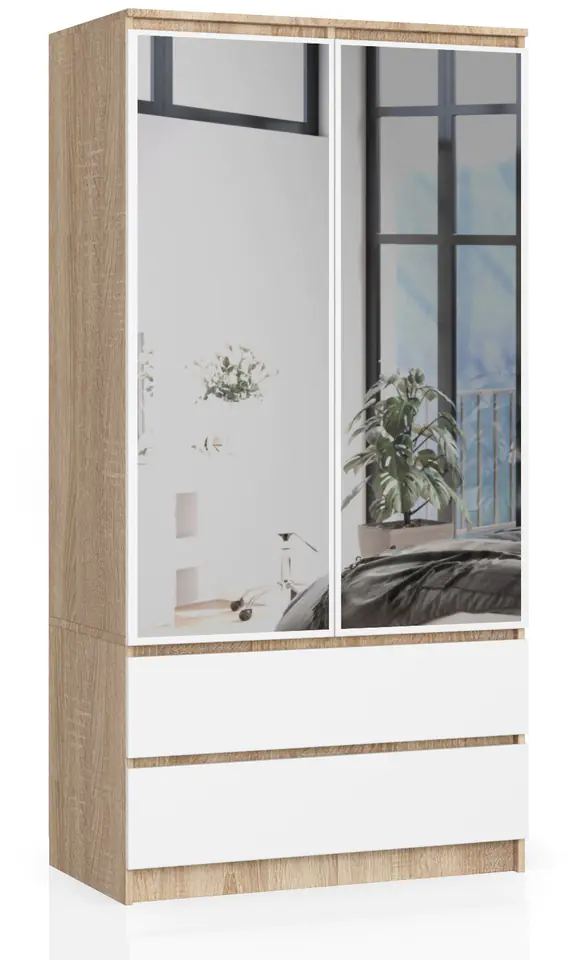 ⁨WARDROBE S 90 cm 2 DOORS 2 DRAWERS 2 MIRRORS SONOMA / WHITE⁩ at Wasserman.eu