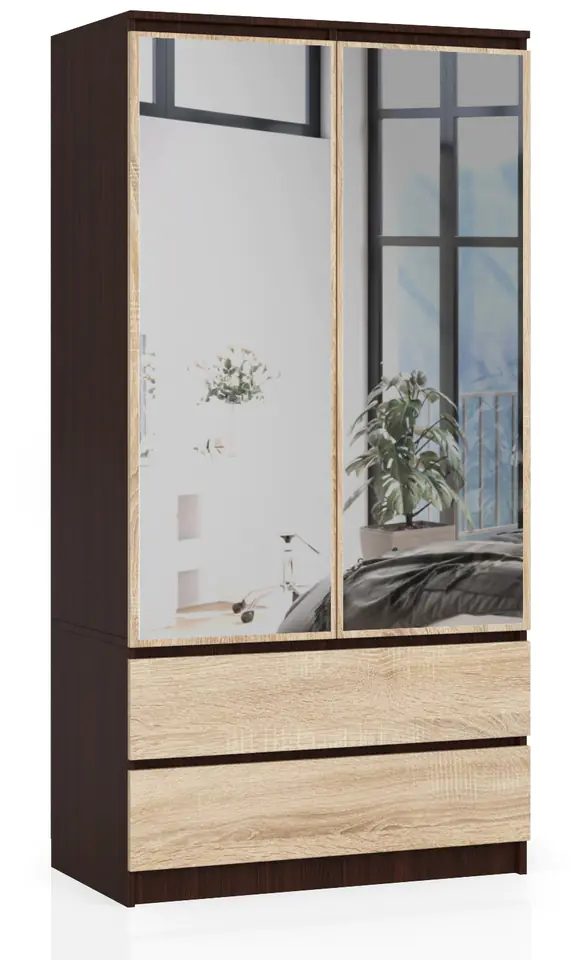 ⁨WARDROBE S 90 cm 2 DOORS 2 DRAWERS 2 MIRRORS WENGE / SONOMA⁩ at Wasserman.eu