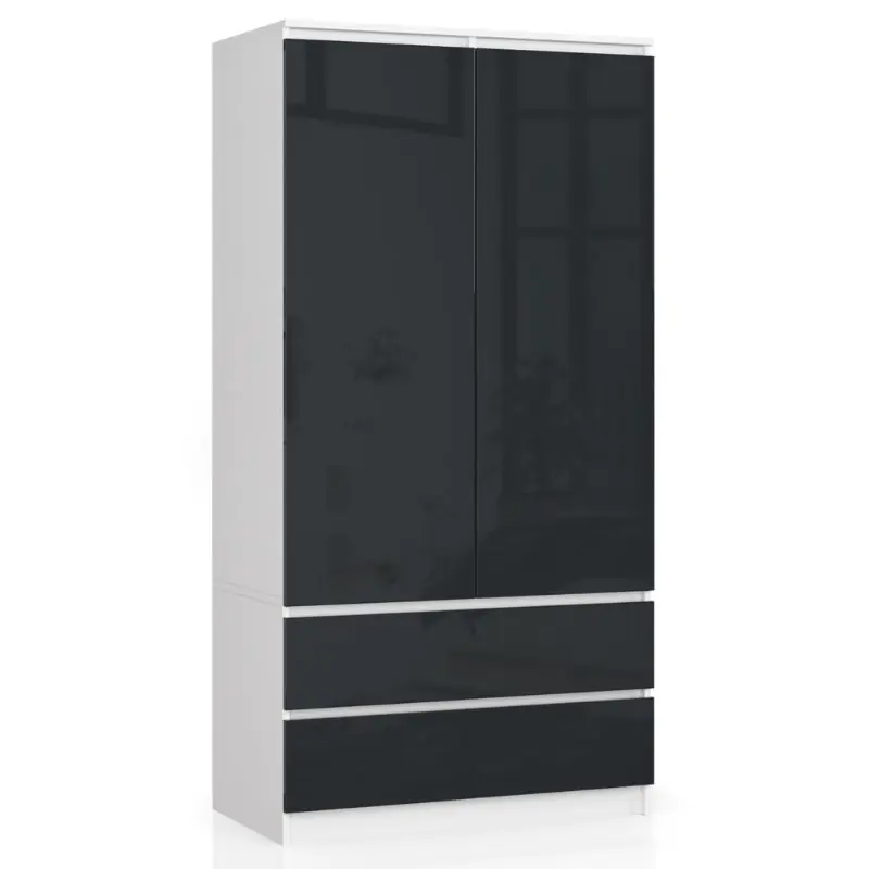 ⁨WARDROBE S 90 cm 2 DOORS 2 DRAWERS WHITE / GRAPHITE GLOSS⁩ at Wasserman.eu