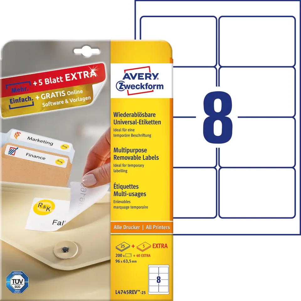 ⁨Etykiety A4 białe (25 arkuszy) 96*63,5mm L4745REV-25 AVERY ZWECKFORM⁩ w sklepie Wasserman.eu