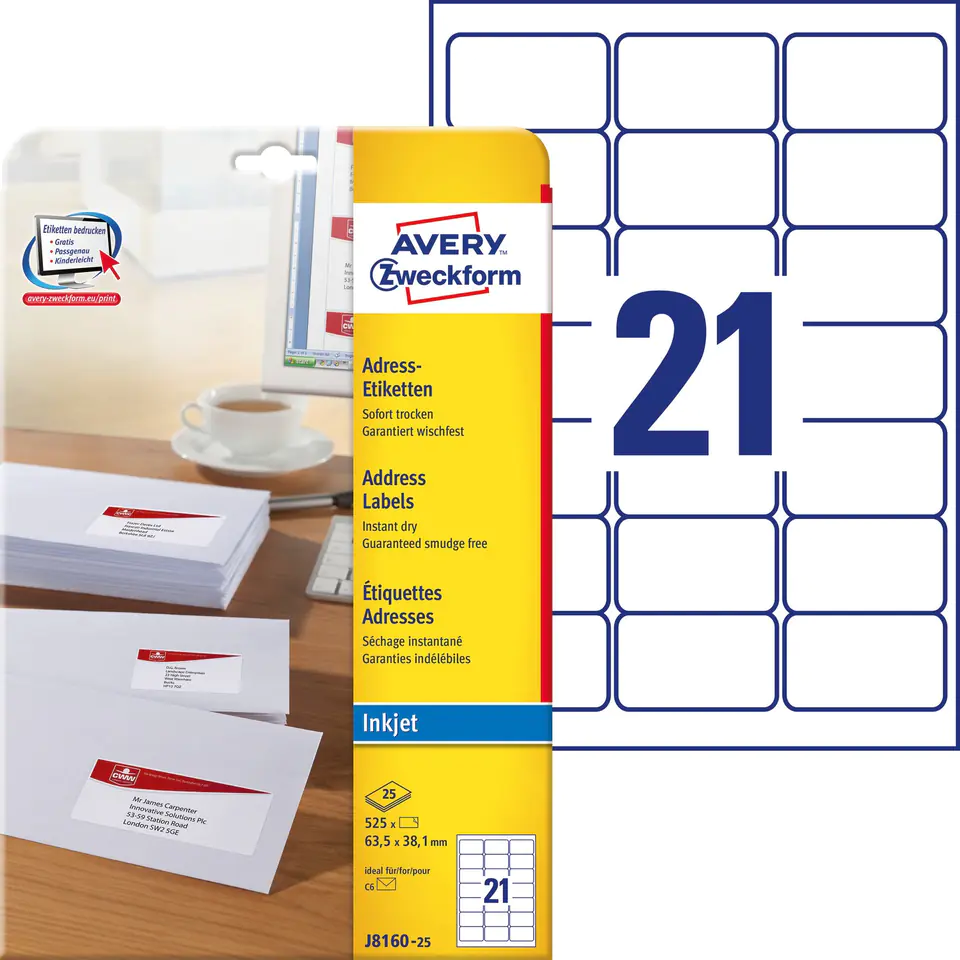 ⁨White A4 labels (25sheets)63.5*38.1mm J8160-25 address AVERY ZWECKFORM⁩ at Wasserman.eu