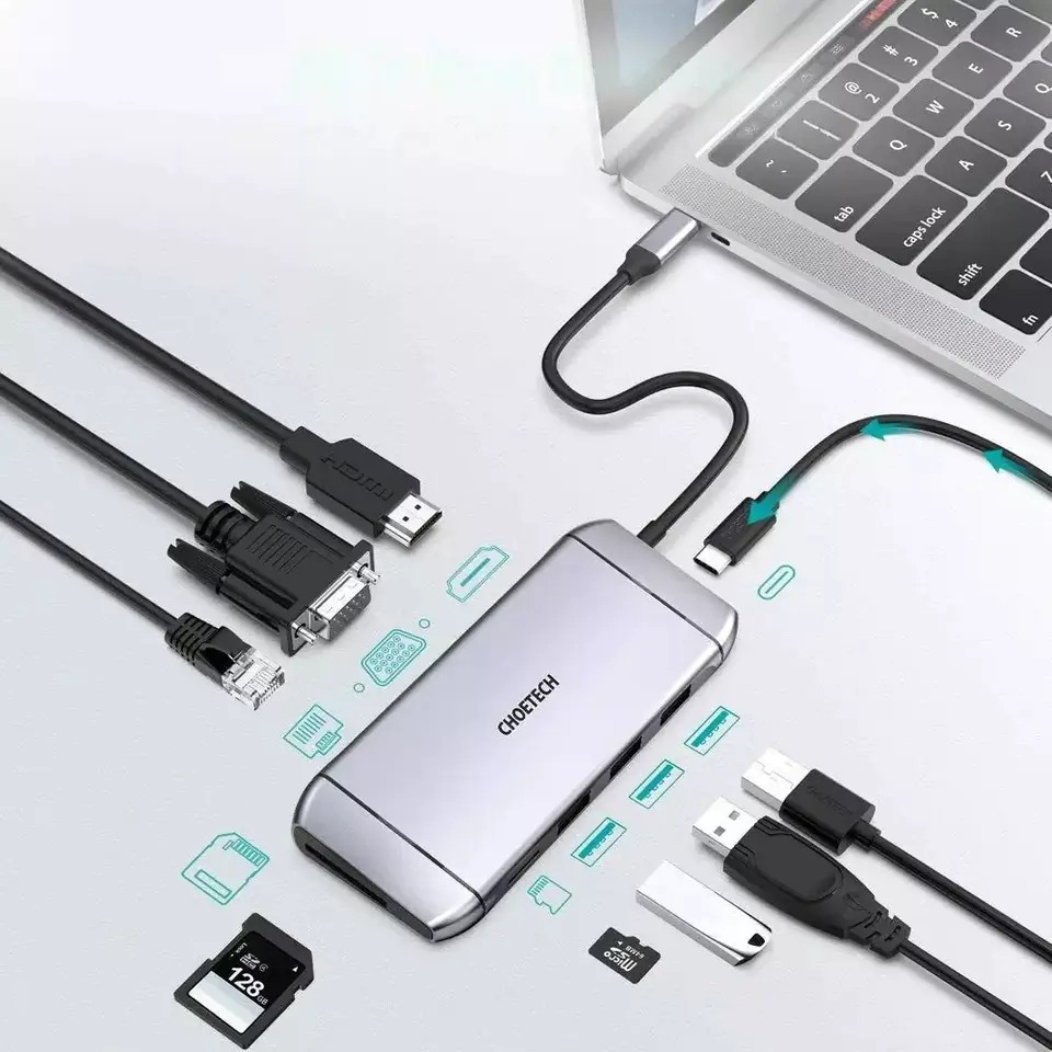 ⁨Choetech 9w1 wielofunkcyjny HUB USB Typ C - 3x USB 3.2 Gen 1 / czytnik kart SD i TF / HDMI 4K 30Hz / VGA Full HD 60Hz / USB Typ C / RJ45 szary (HUB-M15 gray)⁩ w sklepie Wasserman.eu