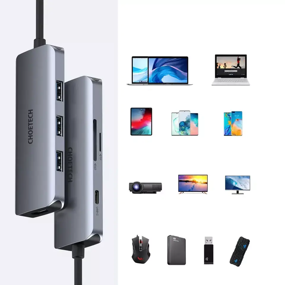 ⁨Choetech 7w1 wielofunkcyjny HUB USB Typ C - 3x USB 3.2 Gen 1 / czytnik kart SD i TF / HDMI 4K 30Hz / USB Typ C szary (HUB-M19 gray)⁩ w sklepie Wasserman.eu