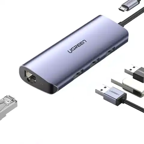 ⁨Ugreen Multifunctional Adapter HUB USB Type C - 3 x USB / Ethernet RJ-45 / micro USB grey (CM252)⁩ at Wasserman.eu