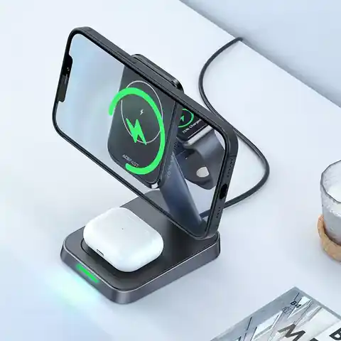 ⁨Acefast Qi Wireless Charger 15W for iPhone (with MagSafe), Apple Watch and Apple AirPods Stand Stand Magnetic Mount Black (E3 black)⁩ at Wasserman.eu