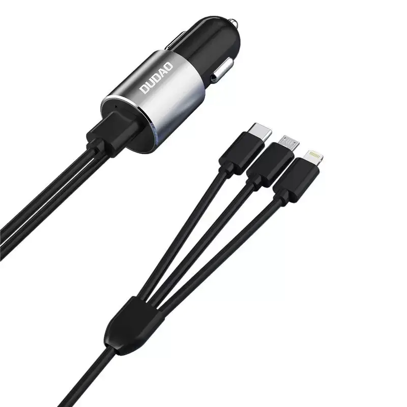 ⁨Dudao 3w1 ładowarka samochodowa USB 3,4 A wbudowany kabel Lightning / USB Typ C / micro USB czarny (R5ProN black)⁩ w sklepie Wasserman.eu