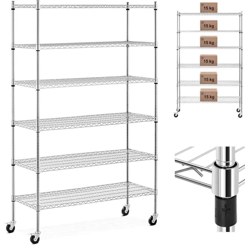 ⁨Openwork wire storage rack on wheels 6 shelves up to 90 kg 120x45x189 cm⁩ at Wasserman.eu