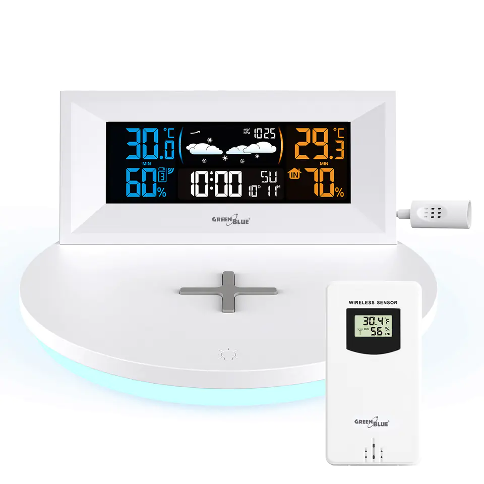 ⁨GreenBlue Wireless Weather Station with Wireless/Inductive Charger, Clock, Alarm, Calendar, External Sensor, GB213⁩ at Wasserman.eu