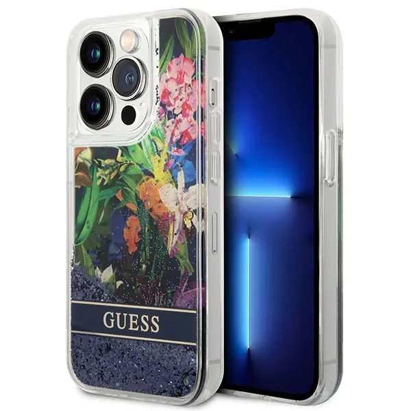 ⁨Guess GUHCP14XLFLSB iPhone 14 Pro Max 6,7" niebieski/blue hardcase Flower Liquid Glitter⁩ w sklepie Wasserman.eu