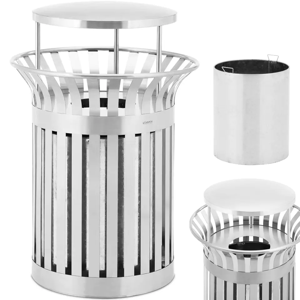 ⁨Waste bin urban outdoor round with canopy 23 l STEEL silver⁩ at Wasserman.eu