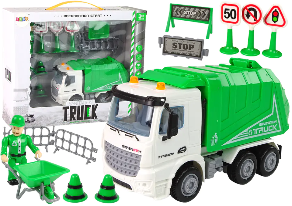 ⁨Set Garbage truck Road signs Green garbage collector⁩ at Wasserman.eu