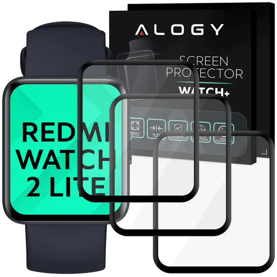 ⁨3x Elastyczne Szkło 3D Alogy Screen Protector Pro+ do Xiaomi Redmi Watch 2 Lite Black⁩ w sklepie Wasserman.eu