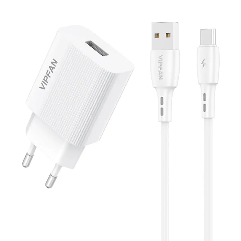 ⁨Ładowarka sieciowa VFAN E01, 1x USB, 2.4A + kabel USB-C (biała)⁩ w sklepie Wasserman.eu