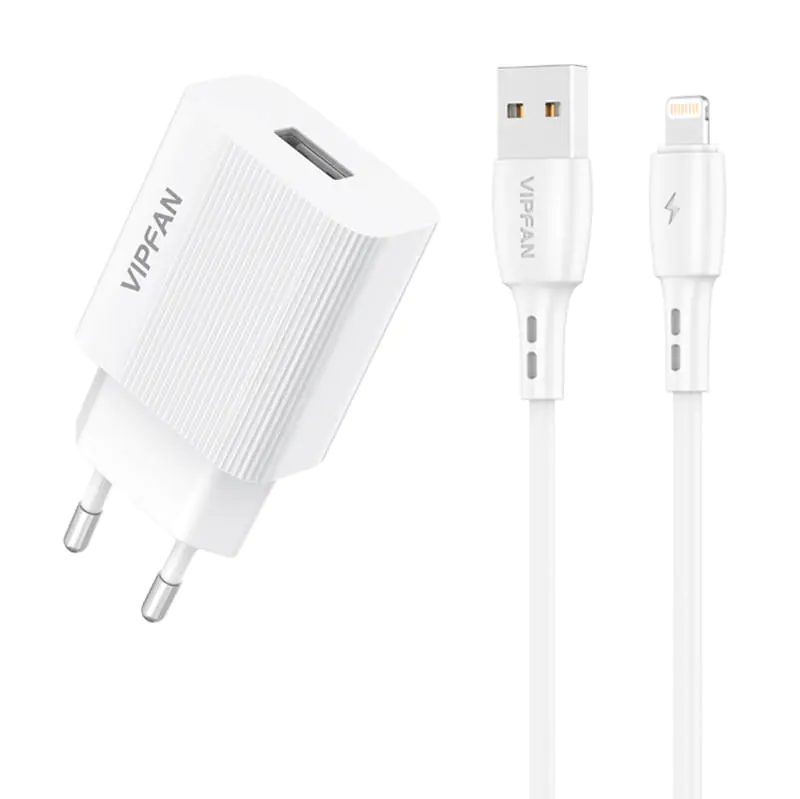 ⁨Vipfan E01 wall charger, 1x USB, 2.4A + Lightning cable (white)⁩ at Wasserman.eu