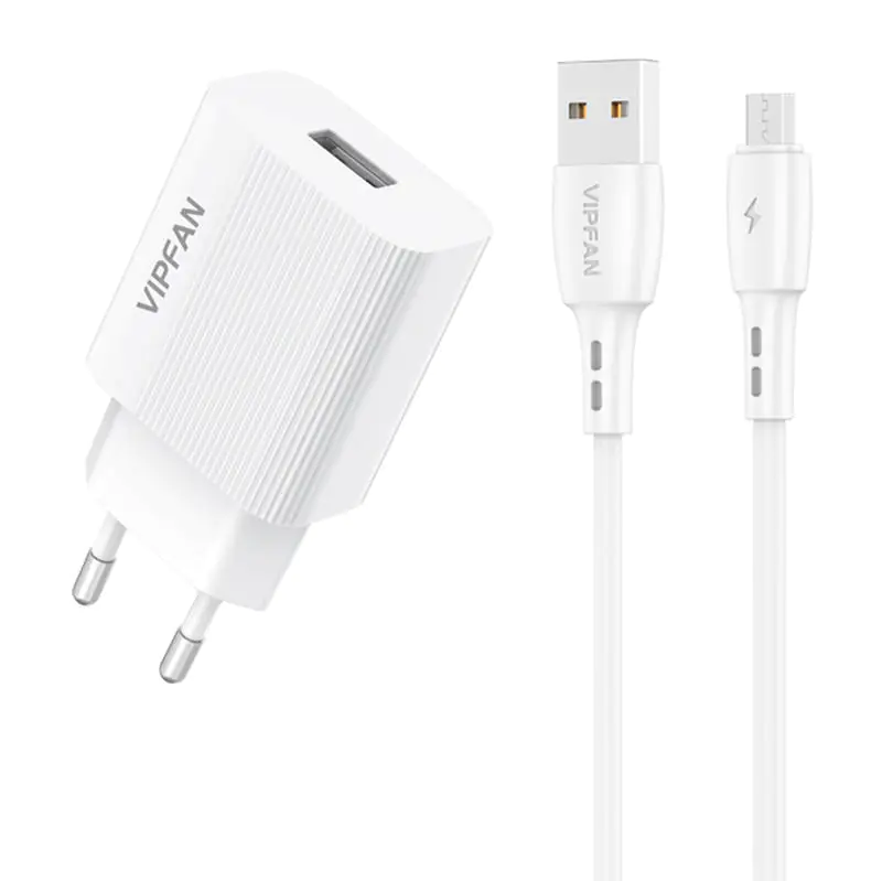 ⁨Vipfan E01 wall charger, 1x USB, 2.4A + Micro USB cable (white)⁩ at Wasserman.eu