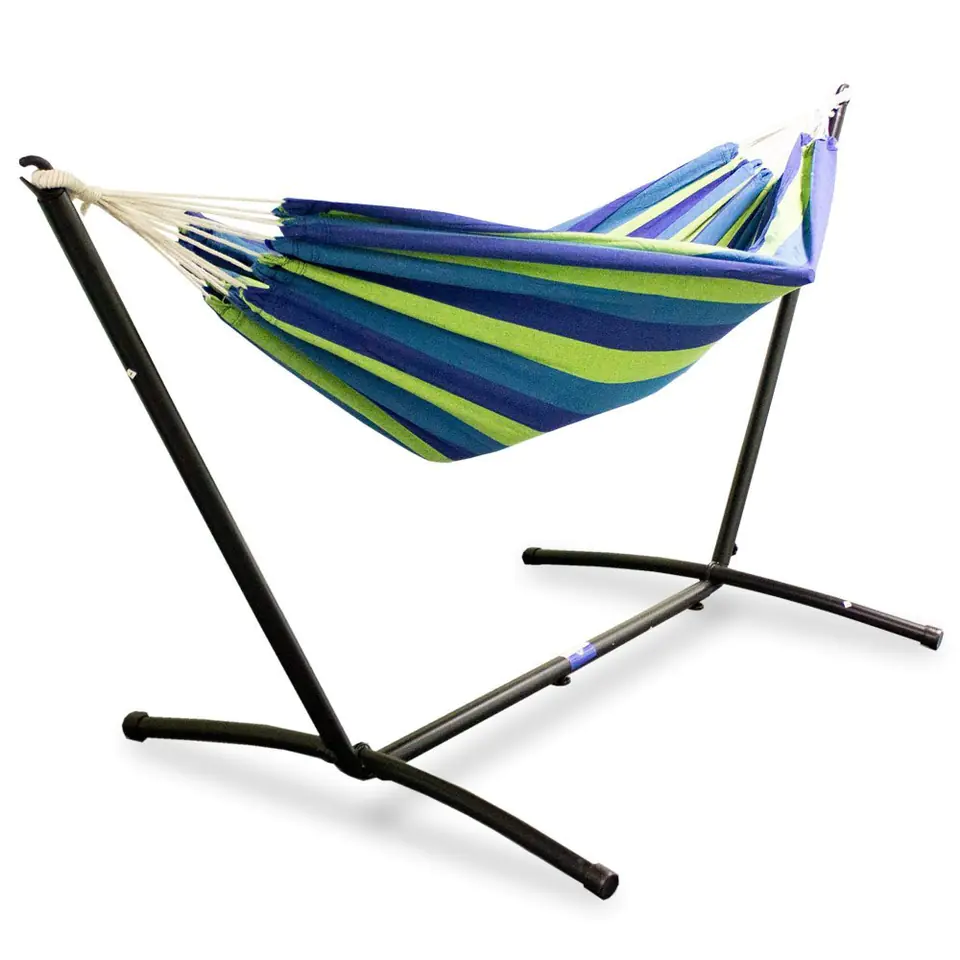 ⁨Blue-green Hammock on outdoor garden frame⁩ at Wasserman.eu