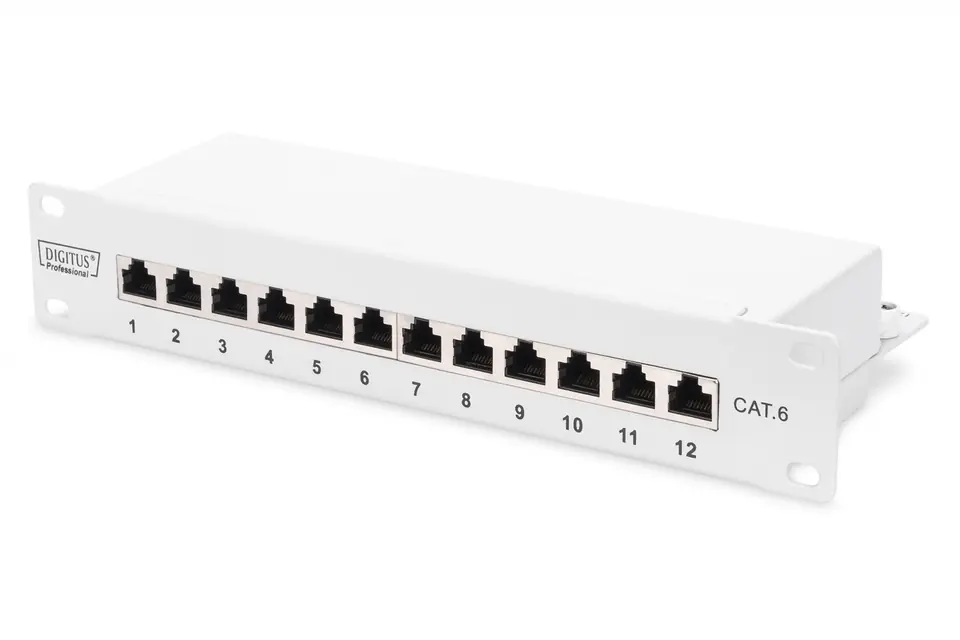 Patch panel 10 inches 12-port RJ-45 Kat.6 shielded 1U complete LSA, cable bracket, gray at Wasserman.eu