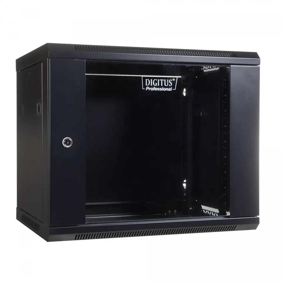 Wall mount cabinet 19 9U 501/600/450mm, glass door, black (RAL 9004) at Wasserman.eu