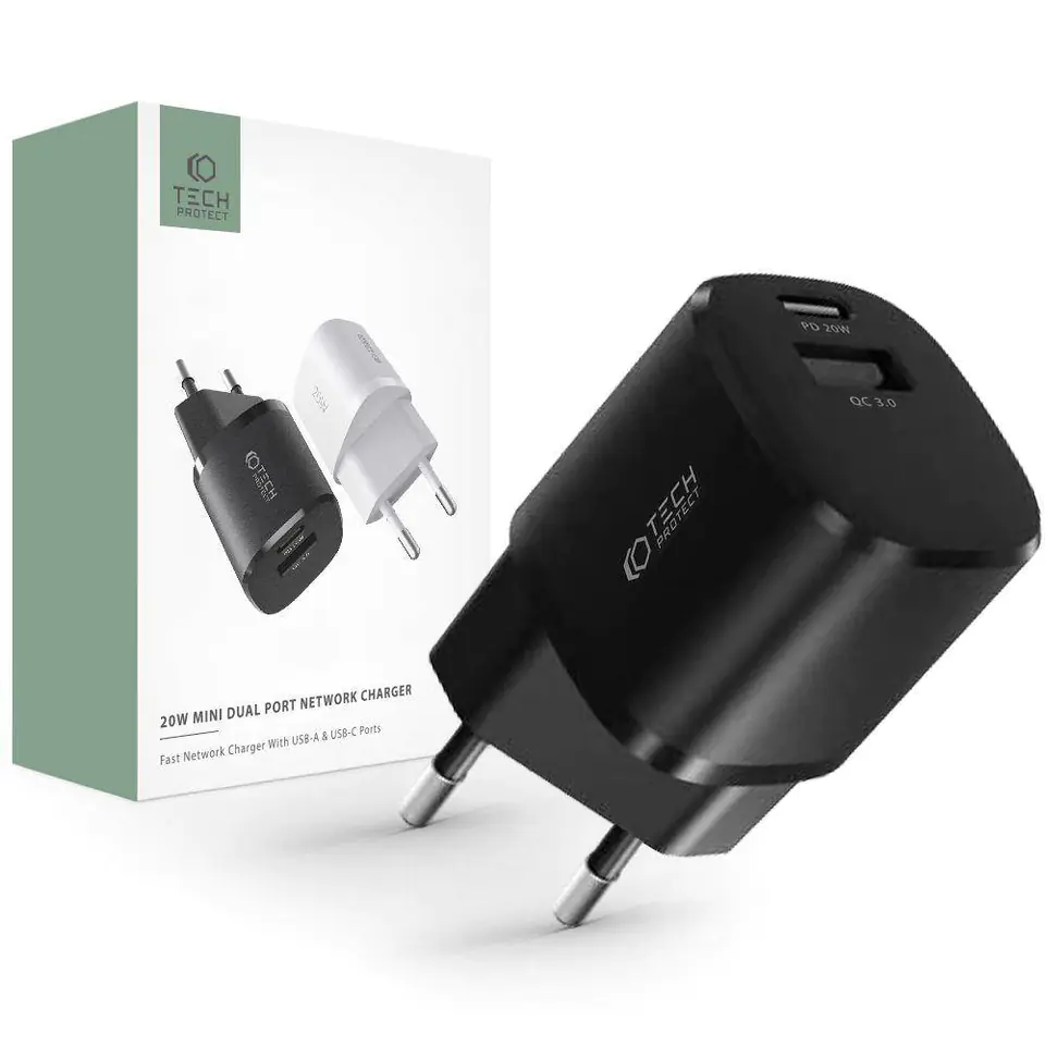 ⁨Wall charger 20W USB QC3.0 + USB-C PD Tech-Protect C20W Mini black⁩ at Wasserman.eu